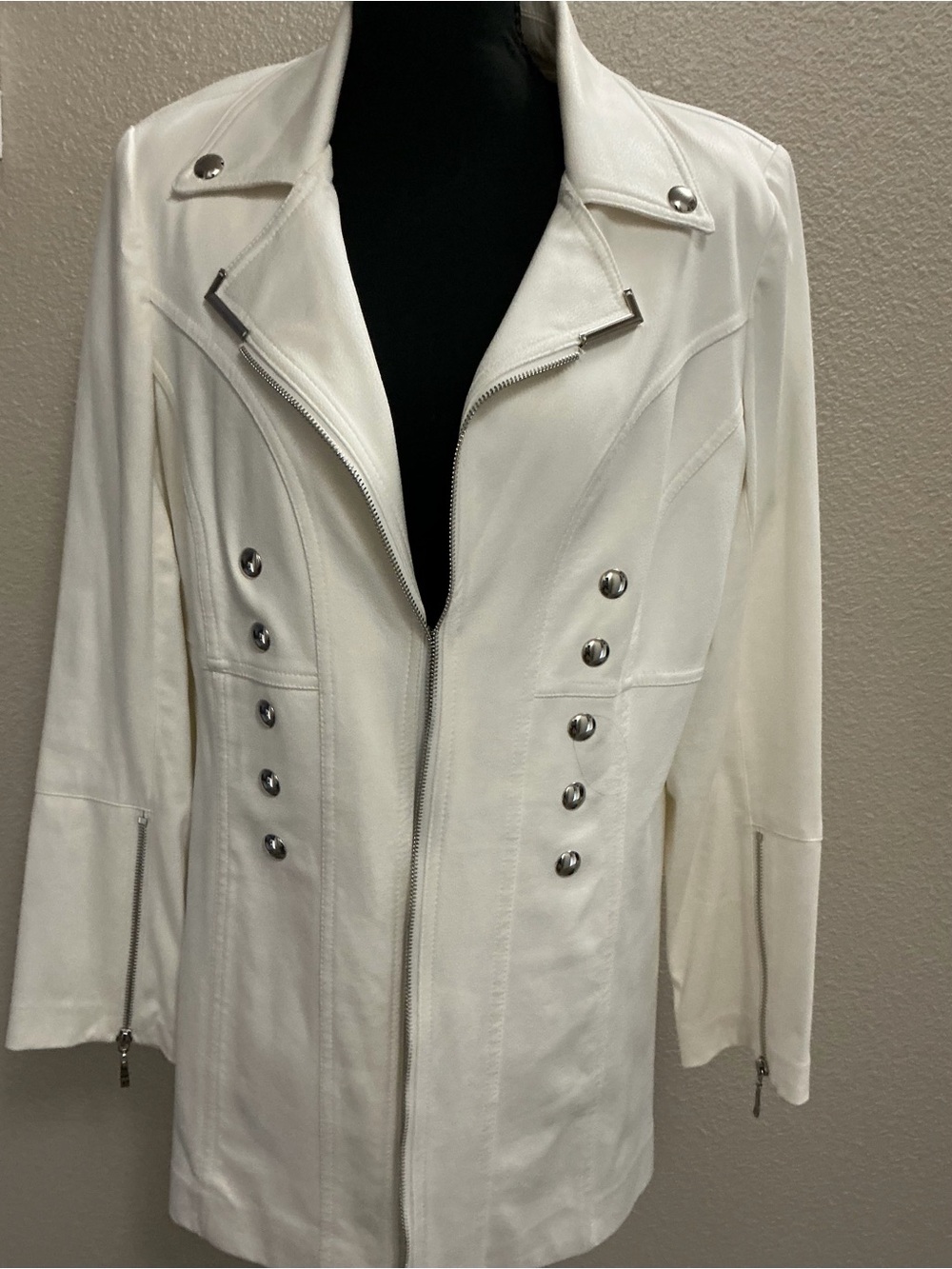 White Women's Long Leather Moto Jacket with Silver Stud Accents
